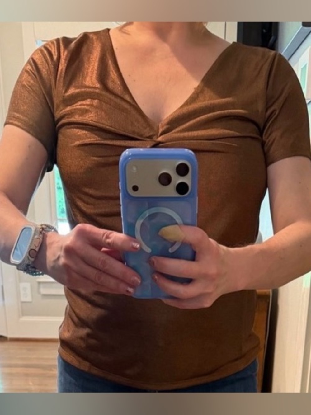 WHBM Brown Metallic Short Sleeve V-Neck Top NWOT